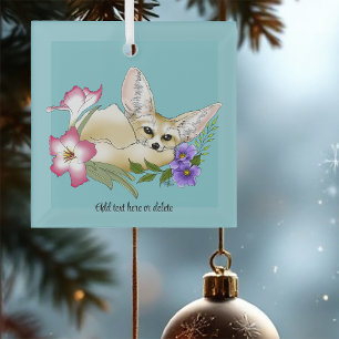 Fennec Fox Pink Purple Flowers Cute Blue Botanical Glass Tree Decoration