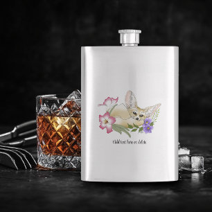 Fennec Fox Pink Purple Flowers Cute Blue Botanical Hip Flask