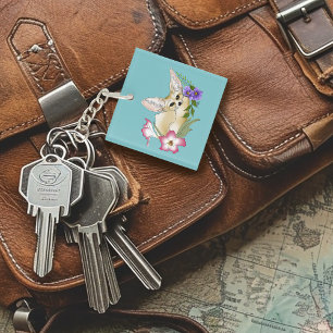 Fennec Fox Pink Purple Flowers Cute Blue Botanical Key Ring