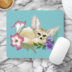 Fennec Fox Pink Purple Flowers Cute Blue Botanical Mouse Pad