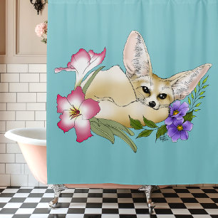 Fennec Fox Pink Purple Flowers Cute Blue Botanical Shower Curtain