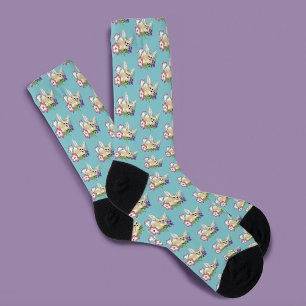 Fennec Fox Pink Purple Flowers Cute Blue Botanical Socks