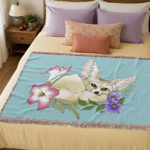 Fennec Fox Pink Purple Flowers Cute Blue Botanical Throw Blanket