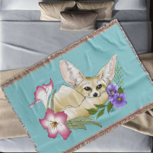 Fennec Fox Pink Purple Flowers Cute Blue Botanical Throw Blanket