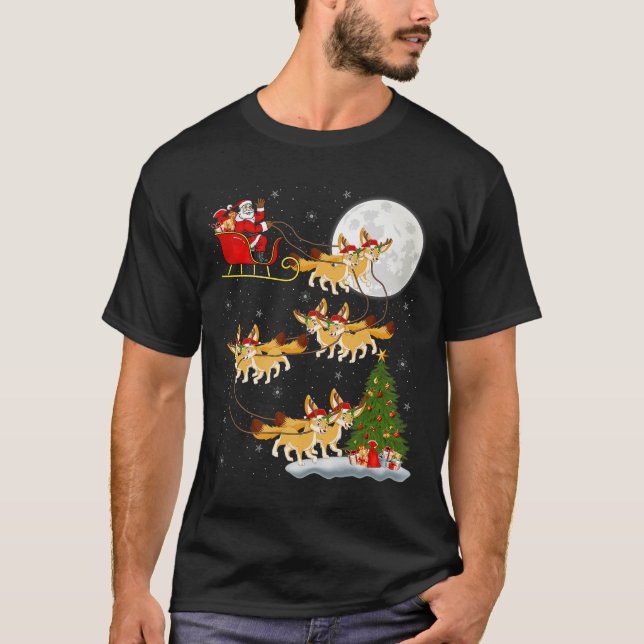 Fennec Fox Santa Sleigh Flying Funny Magical Chris T-Shirt (Front)
