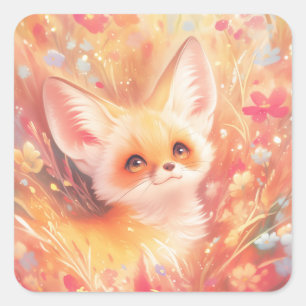 Fennec Fox Surrounded by Sunset Blossoms Square Sticker