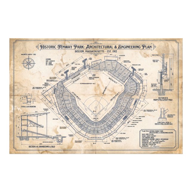 FENWAY PARK BLUEPRINT 1912 PHOTO PRINT (Front)