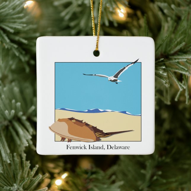 Fenwick Island, DE Horseshoe Crab Sea Gull Beach Ceramic Ornament (Tree)
