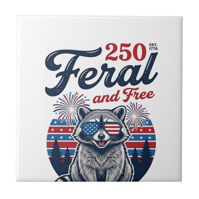 Feral 250 and Free Racoon Patriotic Vector Design Ceramic Tile (Front)