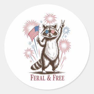 Feral &amp; Free Funny Patriotic Racoon Feral And  Classic Round Sticker