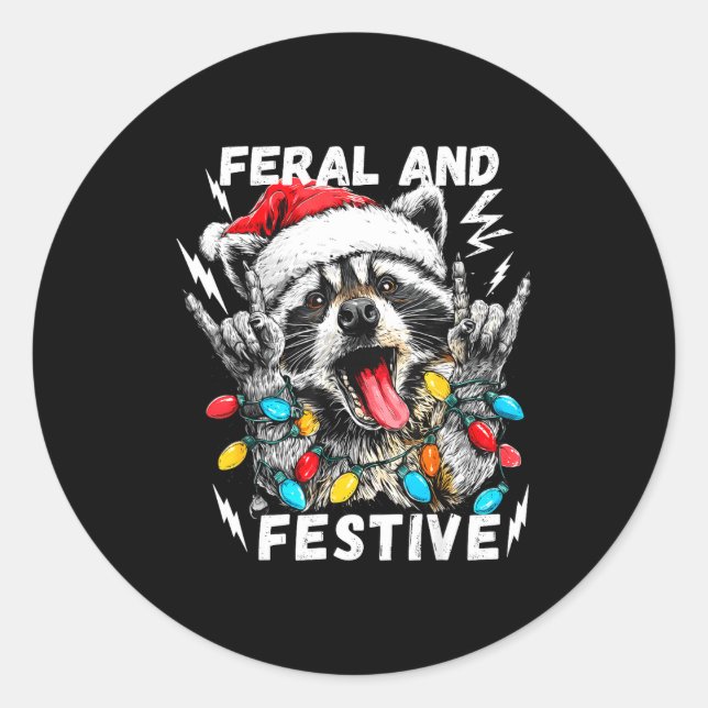 Feral And Festive Funny Christmas Rocker Raccoon S Classic Round Sticker (Front)