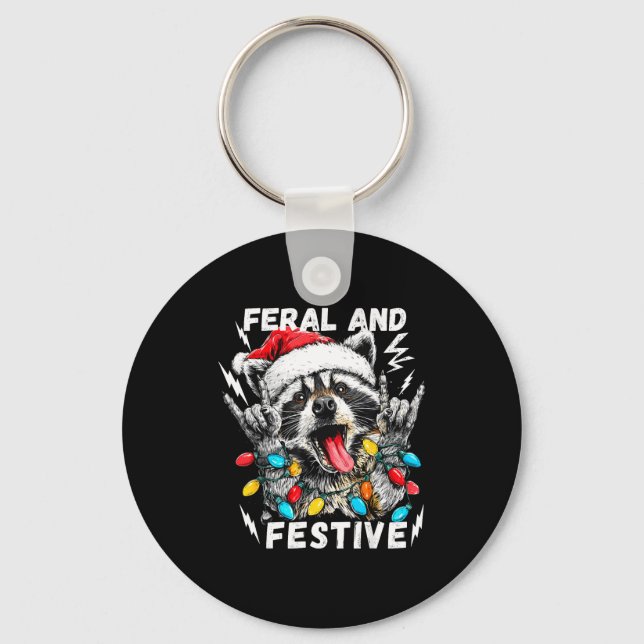 Feral And Festive Funny Christmas Rocker Raccoon S Key Ring (Front)