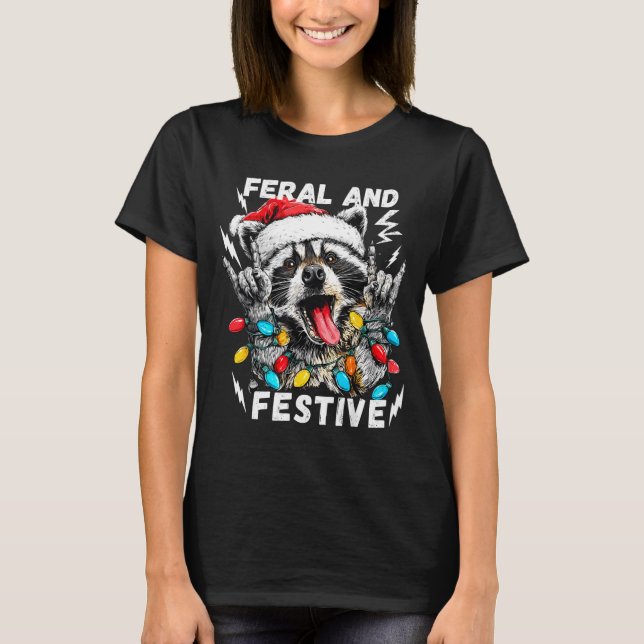 Feral And Festive Funny Christmas Rocker Raccoon S T-Shirt (Front)