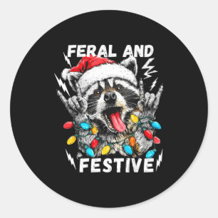 Feral And Festive Funny Christmas Rocker Racoon S Classic Round Sticker