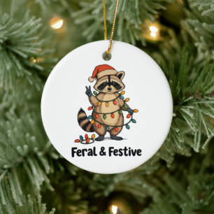Feral And Festive Raccoon Christmas Xmas Lights Ceramic Ornament