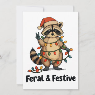 Feral And Festive Raccoon Christmas Xmas Lights Holiday Card