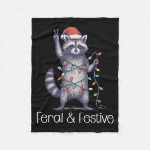 Feral And Festive Raccoon, Funny Christmas Fleece Blanket