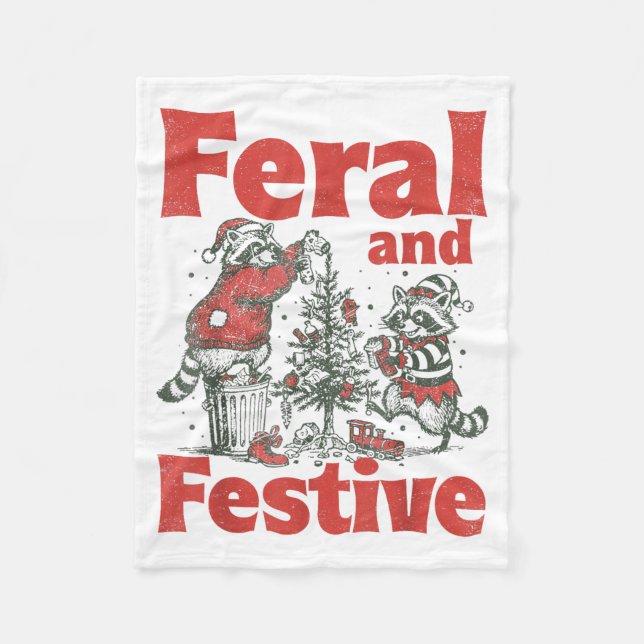 Feral And Festive Raccoon Santa Christmas Holiday  Fleece Blanket (Front)