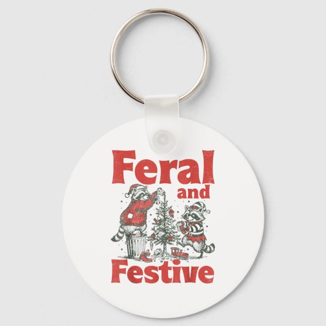Feral And Festive Raccoon Santa Christmas Holiday  Key Ring (Front)