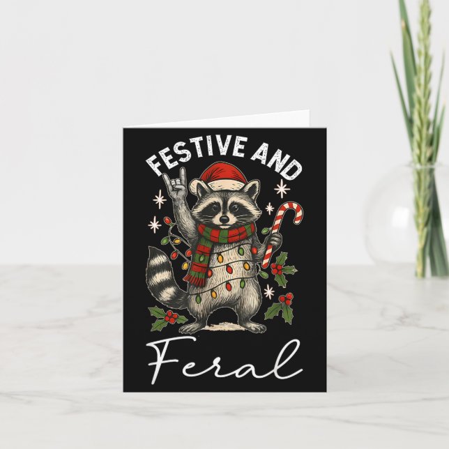 Feral And Festive Raccoon Santa Hat Christmas Ligh Card (Front)