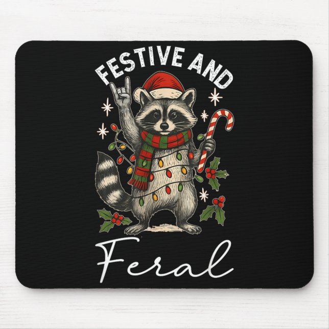 Feral And Festive Raccoon Santa Hat Christmas Ligh Mouse Pad (Front)