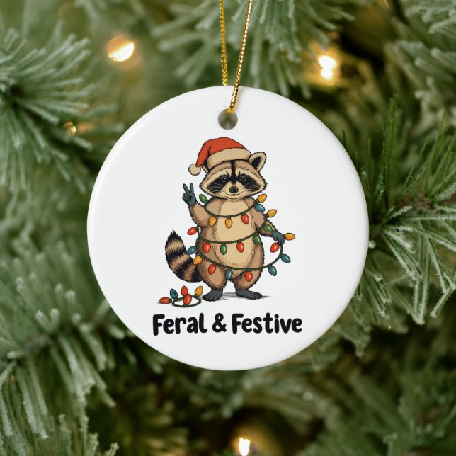 Feral And Festive Racoon Christmas Xmas Lights Ceramic Ornament (Tree)