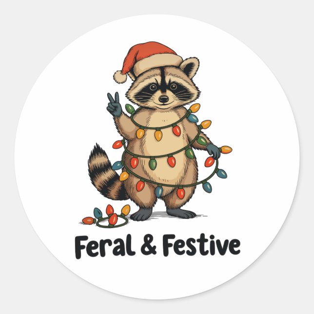 Feral And Festive Racoon Christmas Xmas Lights Classic Round Sticker (Front)