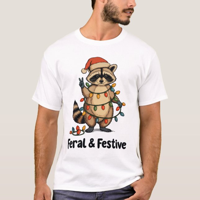 Feral And Festive Racoon Christmas Xmas Lights T-Shirt (Front)