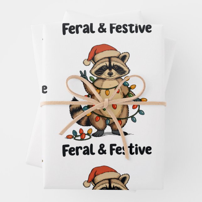Feral And Festive Racoon Christmas Xmas Lights Wrapping Paper Sheet (In situ)