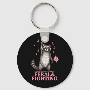 Feral And Fighting Pink Ribbon Racoon Breast Canc Key Ring