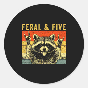 Feral and five racoon funny 5th birthday girls classic round sticker