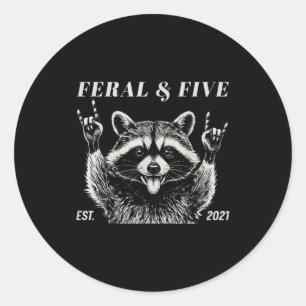 Feral and five racoon funny 5th birthday girls classic round sticker