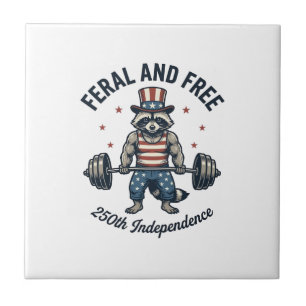 Feral and Free Patriotic Racoon Weightlifting Shi Ceramic Tile