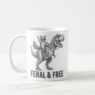 Feral and Free Raccoon Riding a T-Rex Funny Retro Coffee Mug