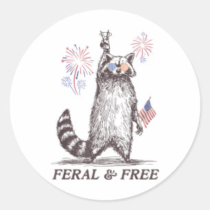 Feral And Free Racoon, Funny Racoon 4th Of July Classic Round Sticker