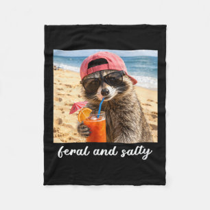 Feral And Salty Racoon Cool Beach Vibes Summer Fleece Blanket