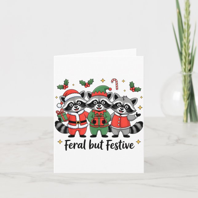 Feral But Festive Funny Christmas Cute Raccoon Elf Card (Front)