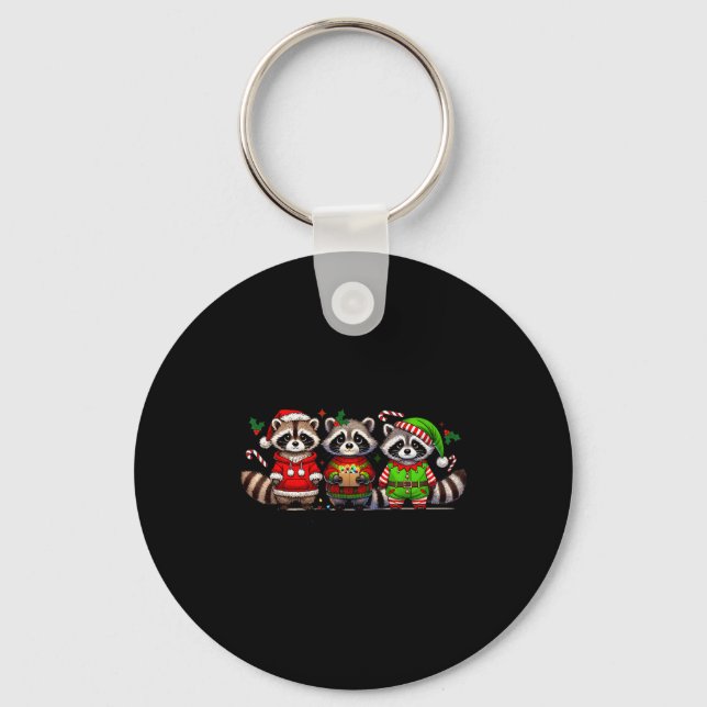 Feral But Festive Funny Christmas Cute Raccoon Elf Key Ring (Front)