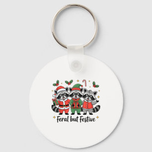 Feral But Festive Funny Christmas Cute Raccoon Elf Key Ring