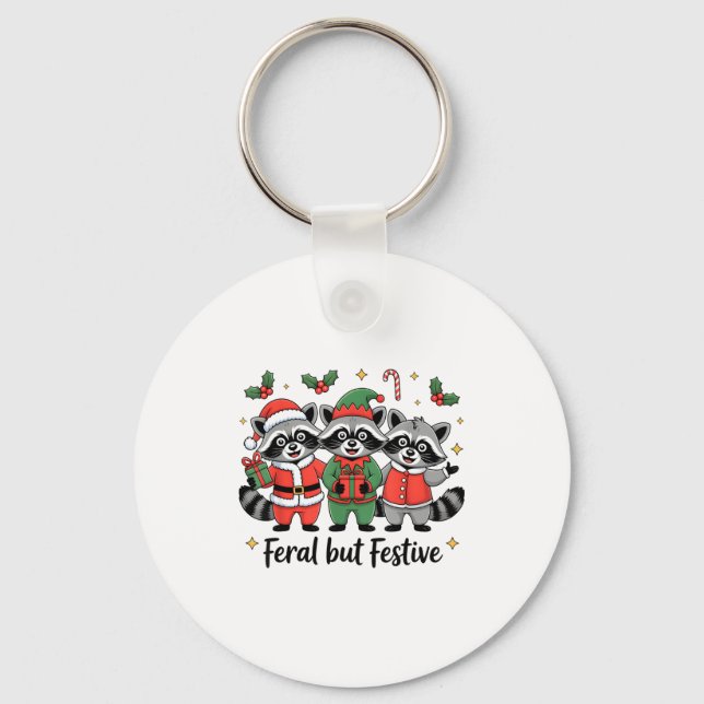 Feral But Festive Funny Christmas Cute Raccoon Elf Key Ring (Front)