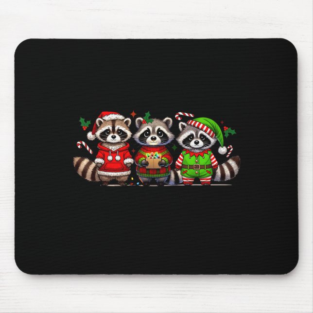 Feral But Festive Funny Christmas Cute Raccoon Elf Mouse Pad (Front)