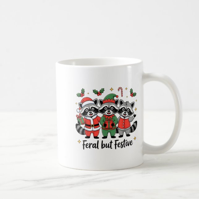 Feral But Festive Funny Christmas Cute Racoon Elf Coffee Mug (Right)