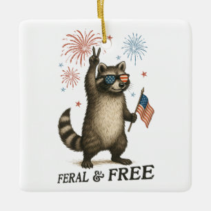 Feral But Free Fireworks Feral Racoon 4th Of July Ceramic Ornament