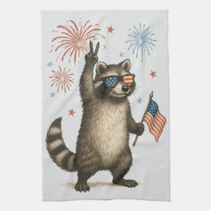 Feral But Free Fireworks Feral Racoon 4th Of July Tea Towel