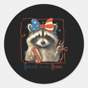 Feral But Free Funny Cute Bow Racoon 4th Of July Classic Round Sticker