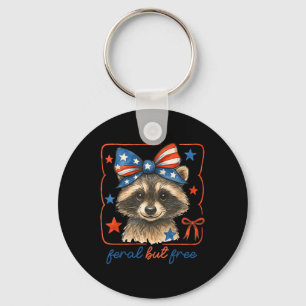 Feral But Free Funny Cute Bow Racoon 4th Of July Key Ring