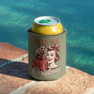 Feral Girl Christmas Opossum Xmas Trashy Retro Can Cooler