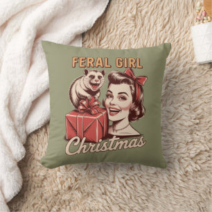 Feral Girl Christmas Opossum Xmas Trashy Retro Cushion