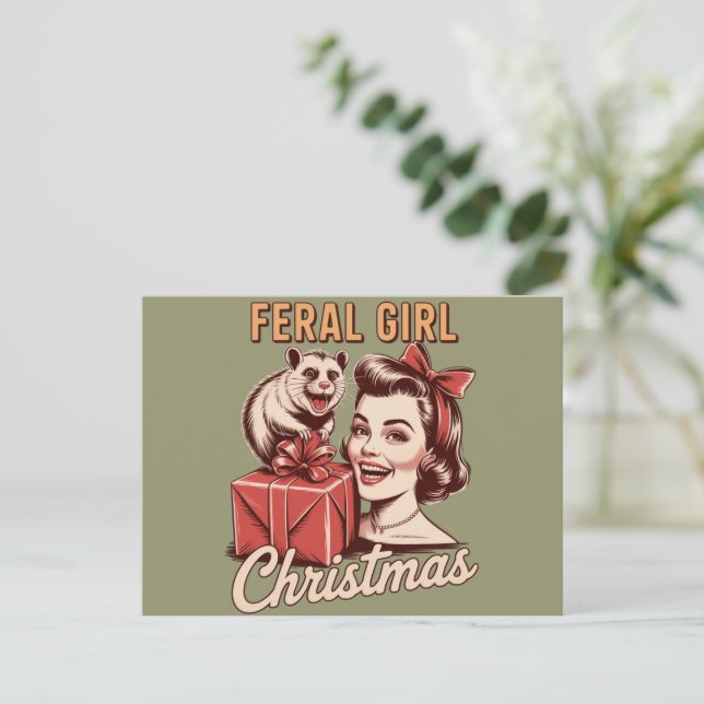 Feral Girl Christmas Opossum Xmas Trashy Retro Holiday Postcard (Standing Front)