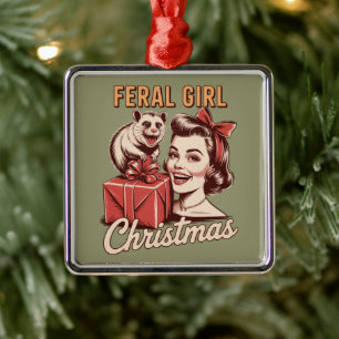 Feral Girl Christmas Opossum Xmas Trashy Retro Metal Ornament